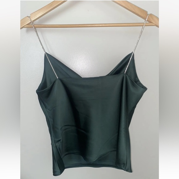 NEW! NWT HOUSE OF HARLOW Satin Cami Top Rhinestone Straps Evergreen Size XS - Picture 2 of 3